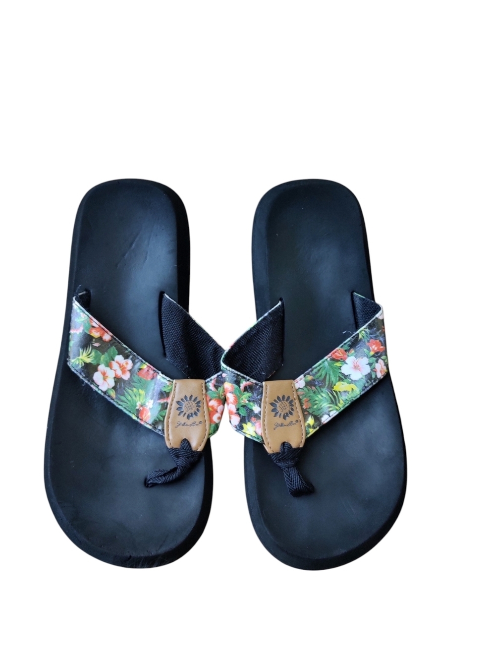 Yellow Box Black Sandals with Floral Straps - Picture 2 of 3